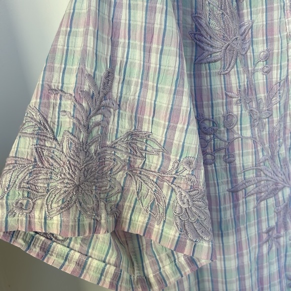 Johnny Was Malo Puff Sleeve Blouse Lilac Embroidered Plaid Bird Floral Small - Picture 7 of 13